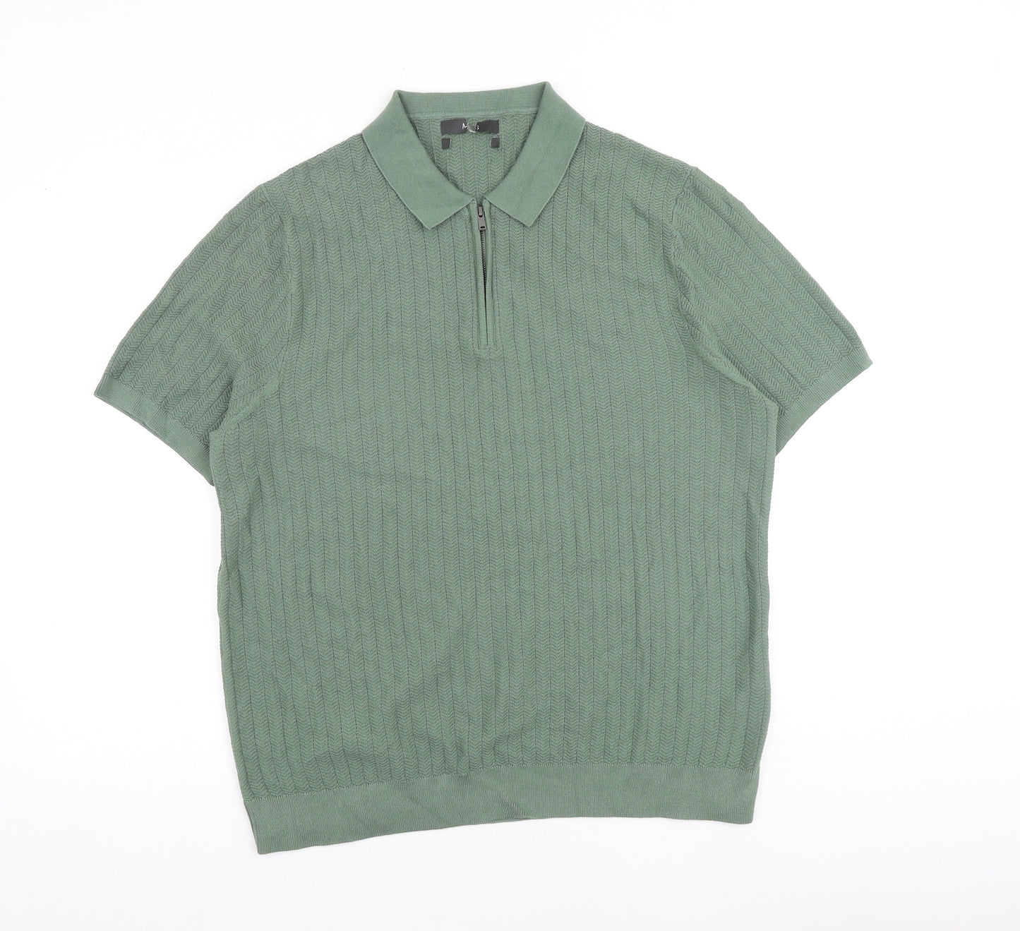 Marks and Spencer Mens Green Collared Viscose Pullover Jumper Size XL Short Sleeve