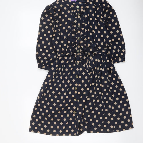 Purple Womens Blue Polka Dot Polyester Mini Size S Round Neck Button