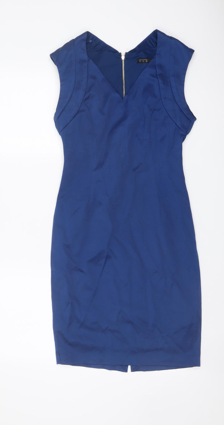 Zara Womens Blue Paisley Polyester Pencil Dress Size S V-Neck Zip
