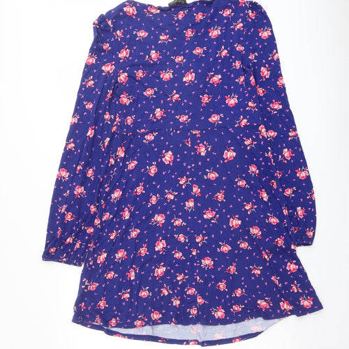 Topshop Womens Blue Floral Viscose A-Line Size 14 V-Neck Pullover