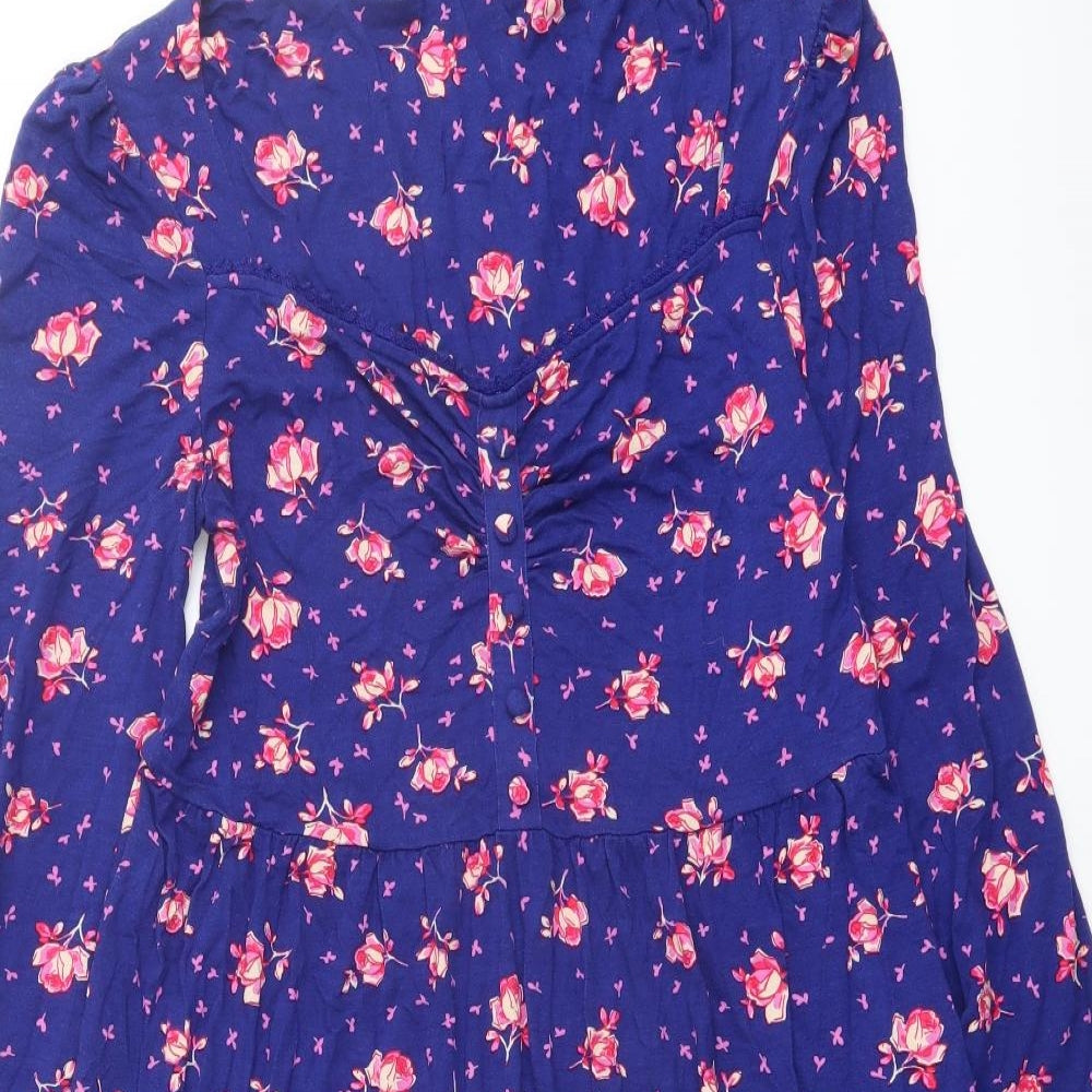Topshop Womens Blue Floral Viscose A-Line Size 14 V-Neck Pullover