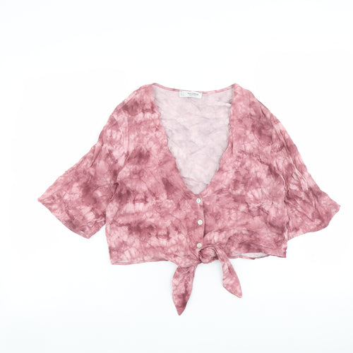 Pull&Bear Womens Pink Viscose Cropped Button-Up Size S V-Neck - Tie Front Tie Dye
