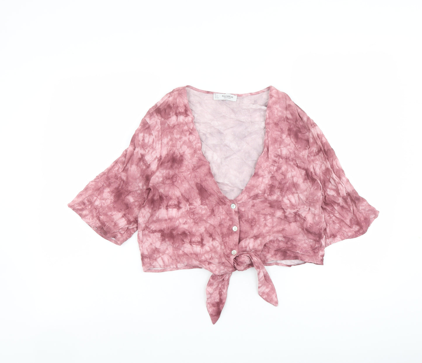 Pull&Bear Womens Pink Viscose Cropped Button-Up Size S V-Neck - Tie Front Tie Dye