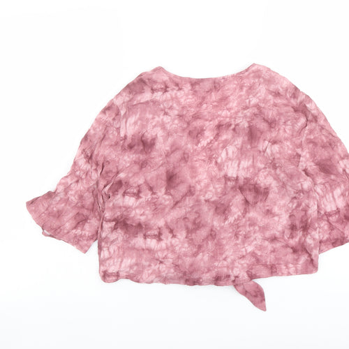 Pull&Bear Womens Pink Viscose Cropped Button-Up Size S V-Neck - Tie Front Tie Dye