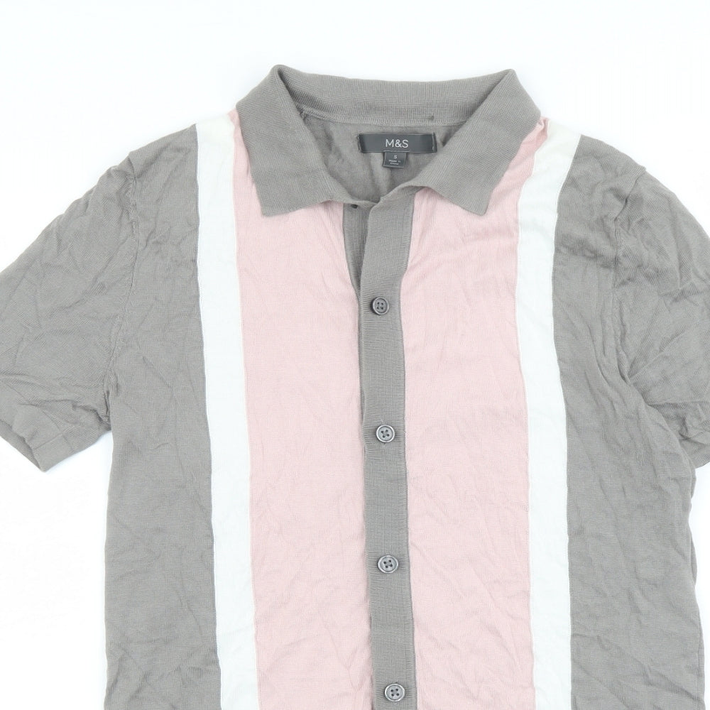 Marks and Spencer Mens Grey Collared Cotton Cardigan Jumper Size S Short Sleeve