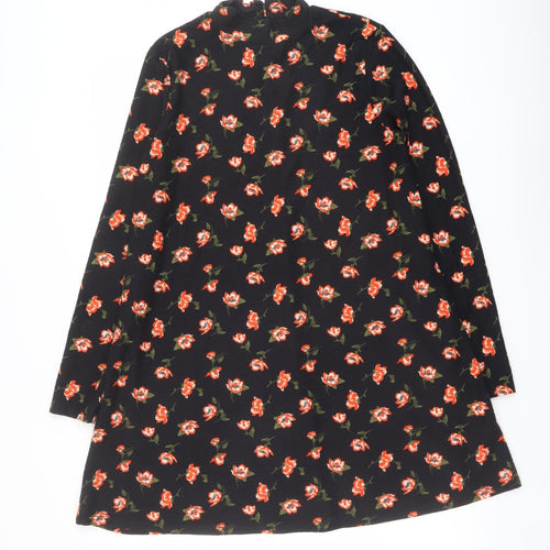 Miss Selfridge Womens Black Floral Polyester A-Line Size 12 Mock Neck Button