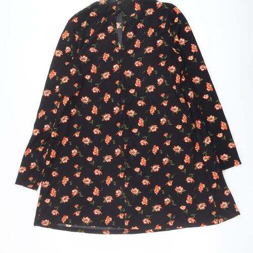 Miss Selfridge Womens Black Floral Polyester A-Line Size 12 Mock Neck Button