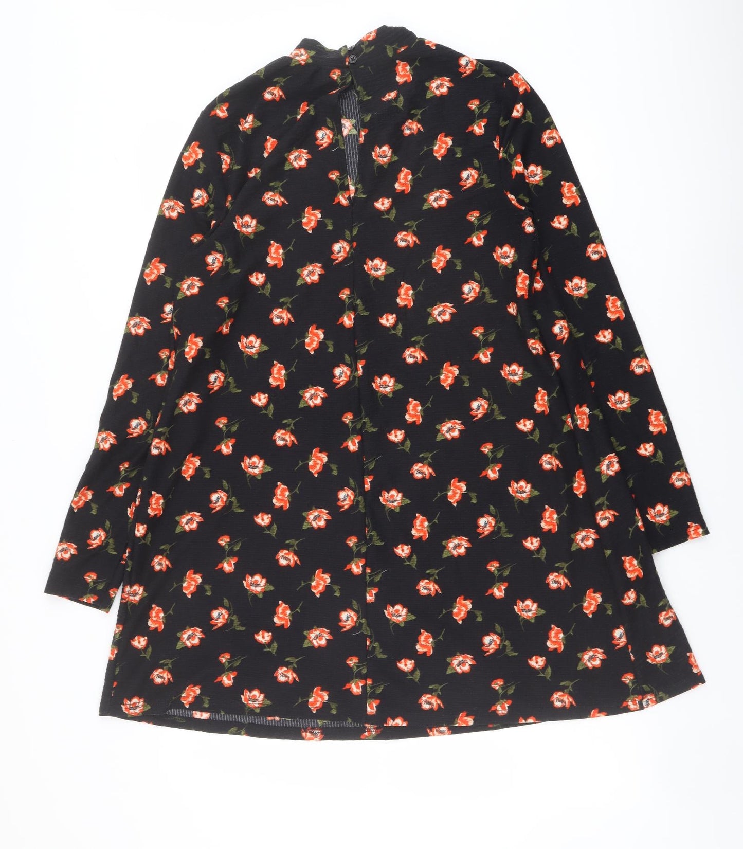 Miss Selfridge Womens Black Floral Polyester A-Line Size 12 Mock Neck Button