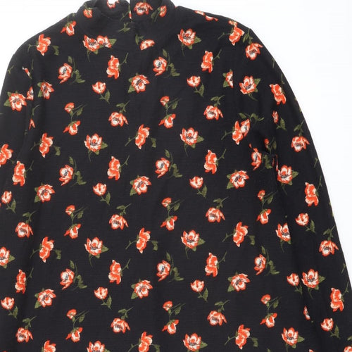 Miss Selfridge Womens Black Floral Polyester A-Line Size 12 Mock Neck Button