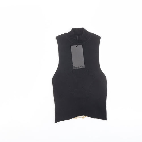 Bershka Womens Black Polyamide Cropped T-Shirt Size S Mock Neck - Chain Strap Detail