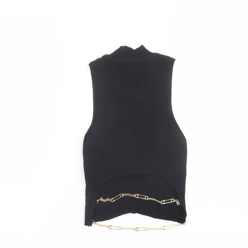 Bershka Womens Black Polyamide Cropped T-Shirt Size S Mock Neck - Chain Strap Detail