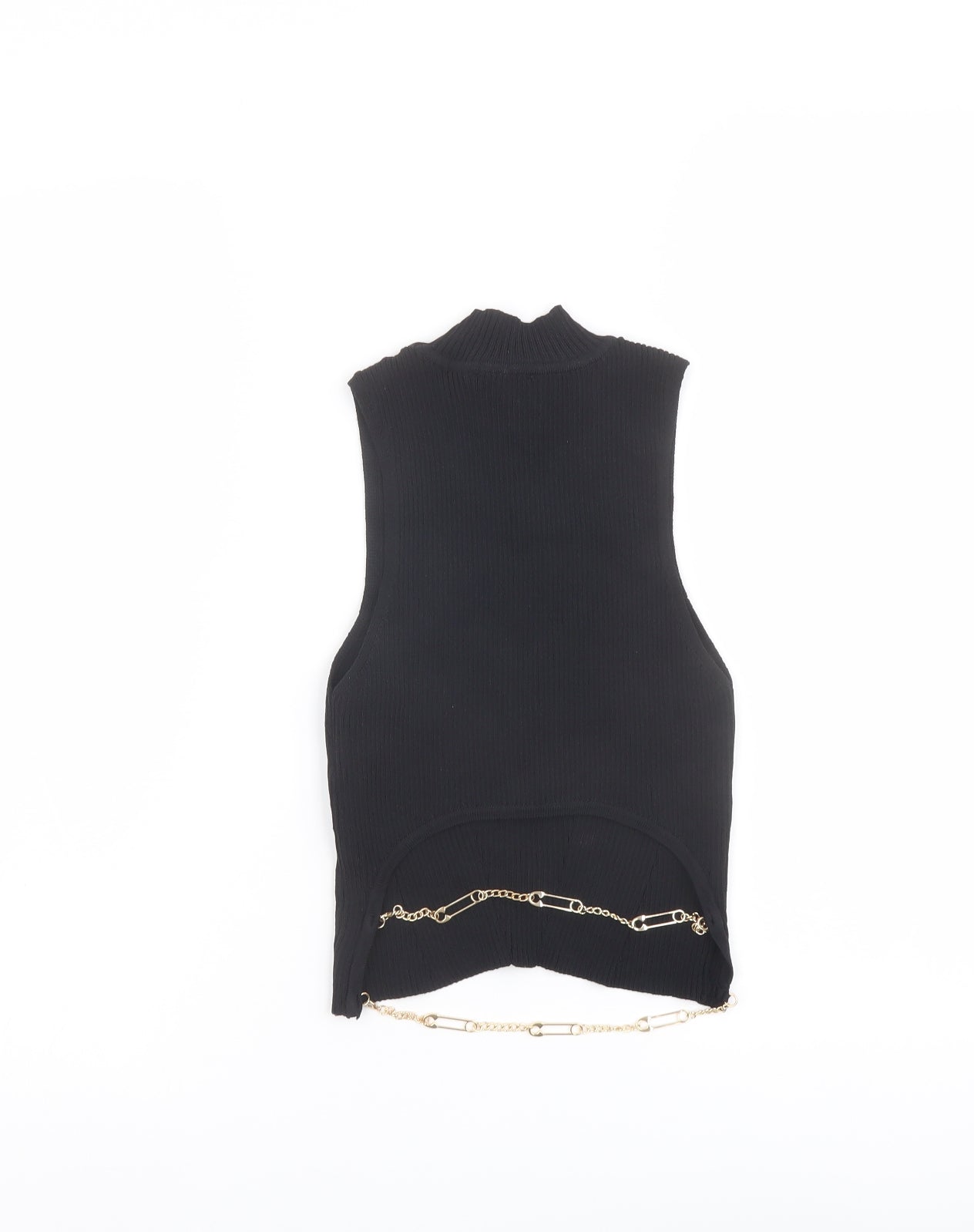 Bershka Womens Black Polyamide Cropped T-Shirt Size S Mock Neck - Chain Strap Detail