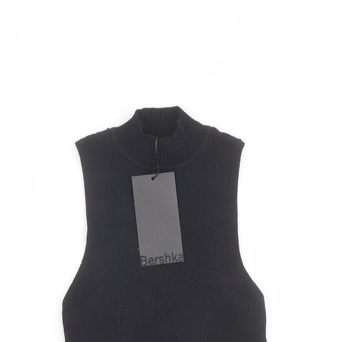 Bershka Womens Black Polyamide Cropped T-Shirt Size S Mock Neck - Chain Strap Detail