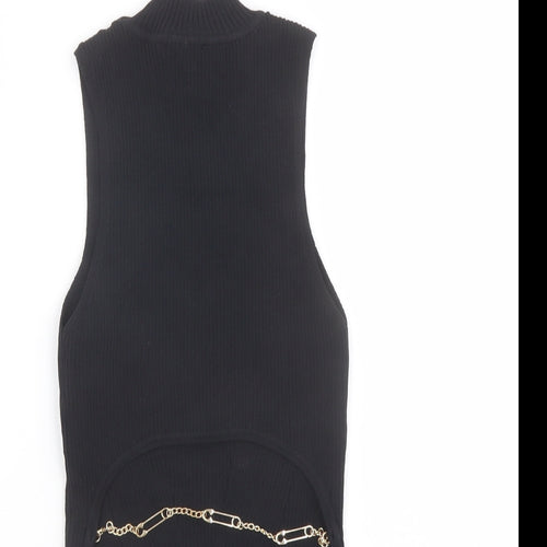 Bershka Womens Black Polyamide Cropped T-Shirt Size S Mock Neck - Chain Strap Detail