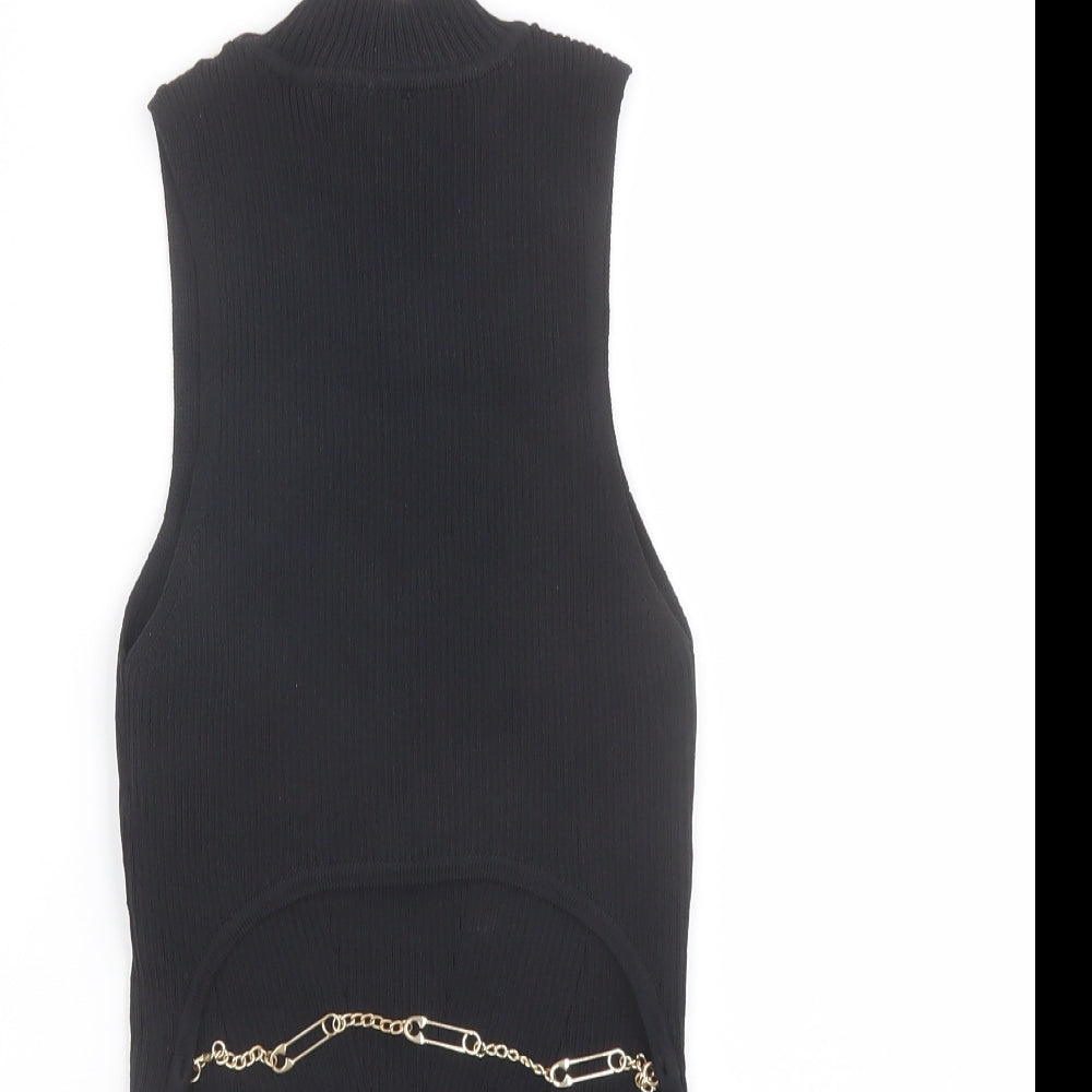 Bershka Womens Black Polyamide Cropped T-Shirt Size S Mock Neck - Chain Strap Detail