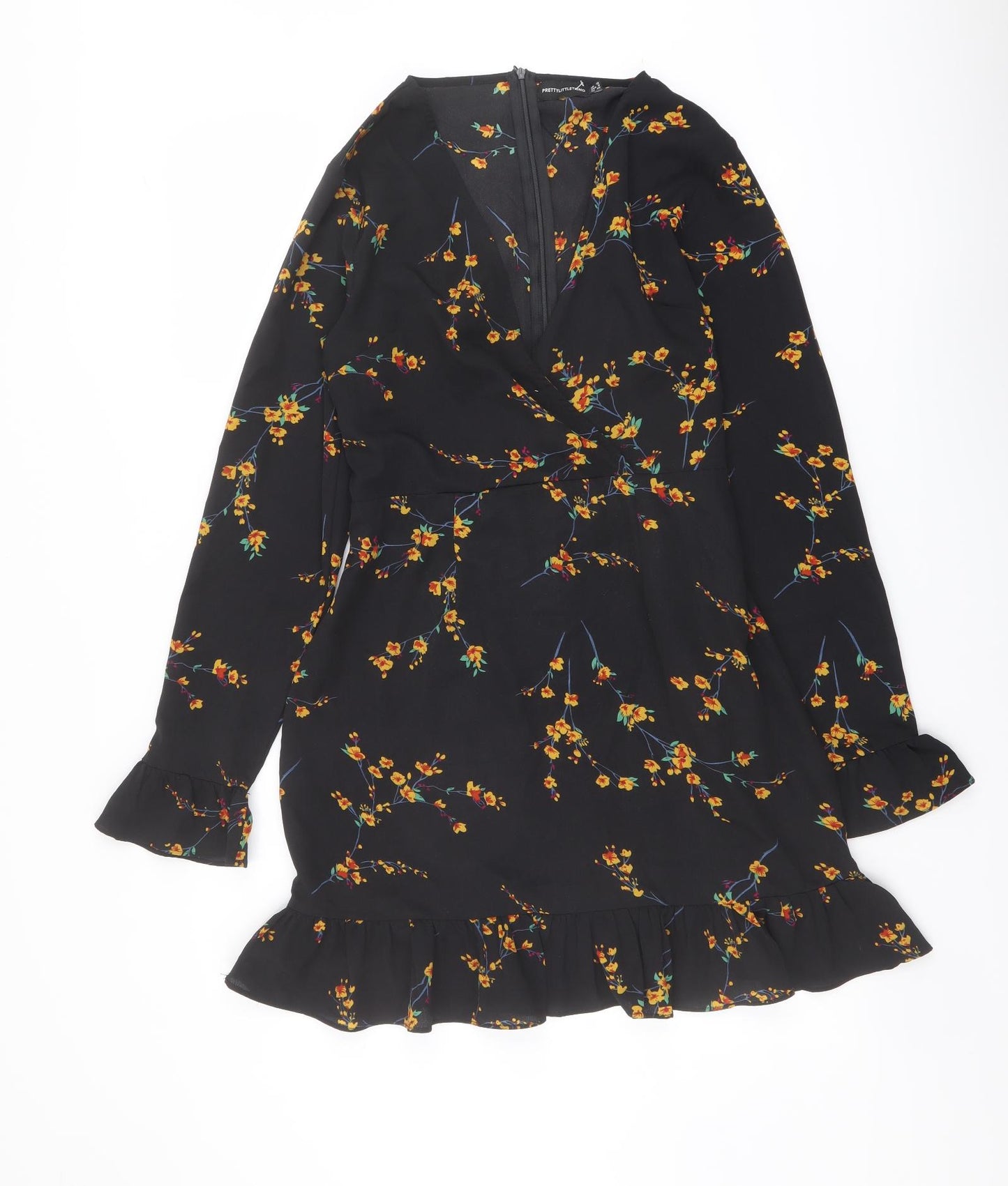 PRETTYLITTLETHING Womens Black Floral Polyester A-Line Size 12 V-Neck Zip