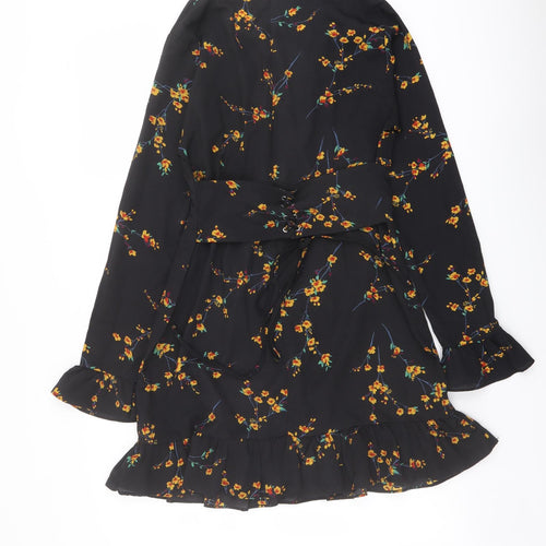 PRETTYLITTLETHING Womens Black Floral Polyester A-Line Size 12 V-Neck Zip