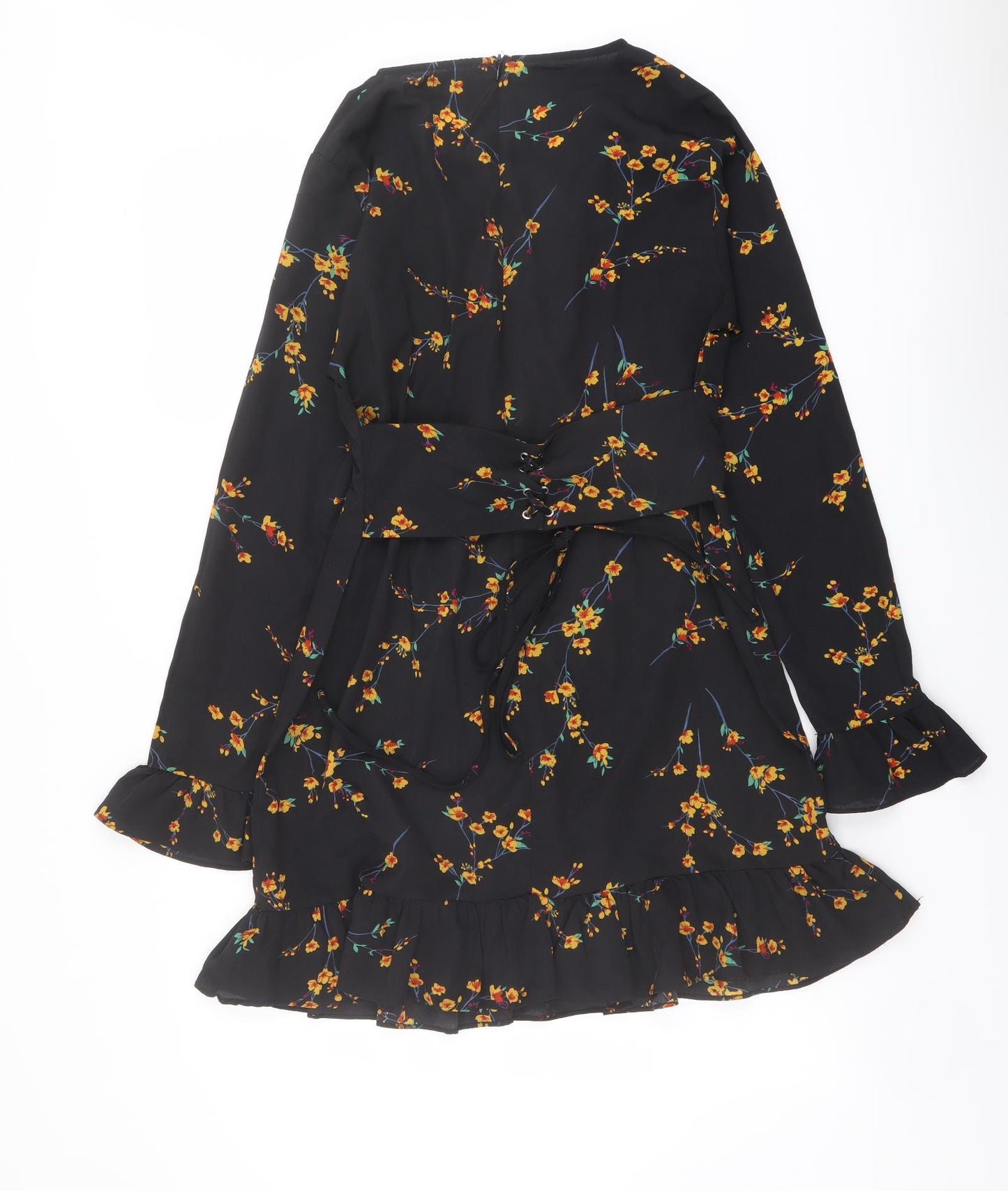 PRETTYLITTLETHING Womens Black Floral Polyester A-Line Size 12 V-Neck Zip