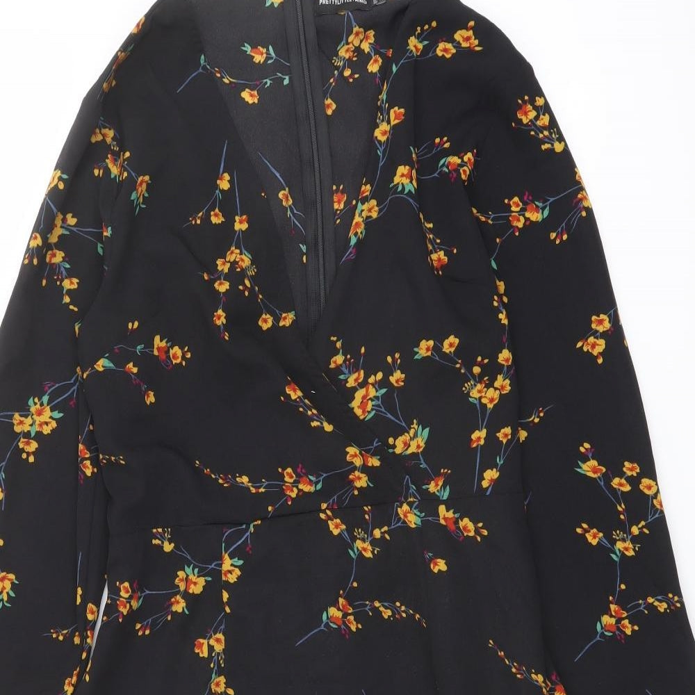 PRETTYLITTLETHING Womens Black Floral Polyester A-Line Size 12 V-Neck Zip