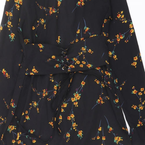 PRETTYLITTLETHING Womens Black Floral Polyester A-Line Size 12 V-Neck Zip