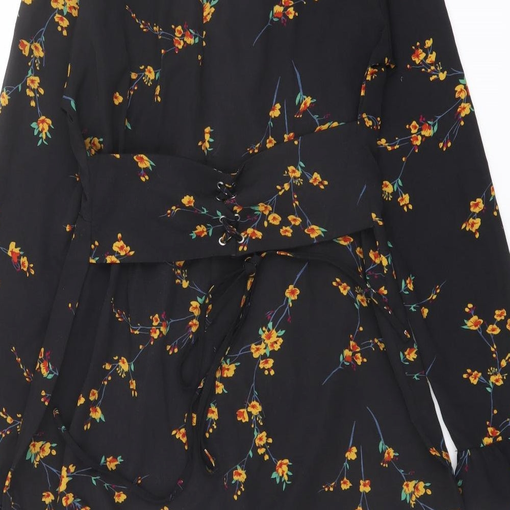 PRETTYLITTLETHING Womens Black Floral Polyester A-Line Size 12 V-Neck Zip