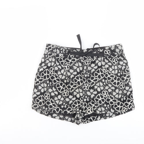 H&M Womens Black Floral Cotton Basic Shorts Size 6 L3 in Regular Zip