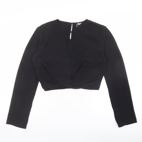 H&M Womens Black Polyester Cropped Blouse Size 10 Round Neck - Twist Front Detail