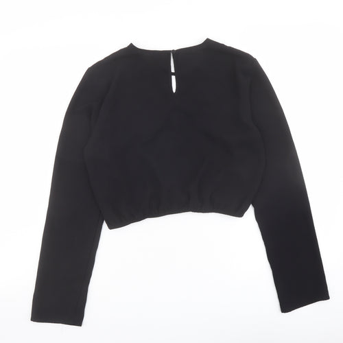 H&M Womens Black Polyester Cropped Blouse Size 10 Round Neck - Twist Front Detail