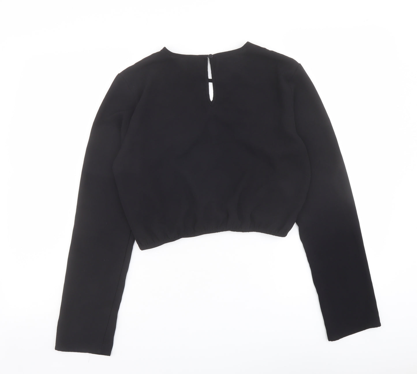 H&M Womens Black Polyester Cropped Blouse Size 10 Round Neck - Twist Front Detail