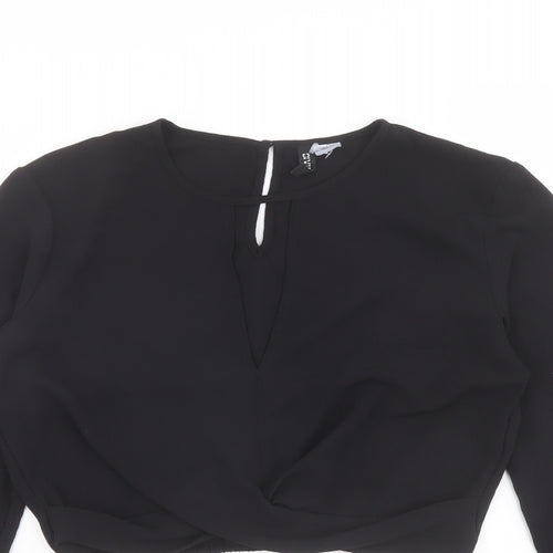 H&M Womens Black Polyester Cropped Blouse Size 10 Round Neck - Twist Front Detail