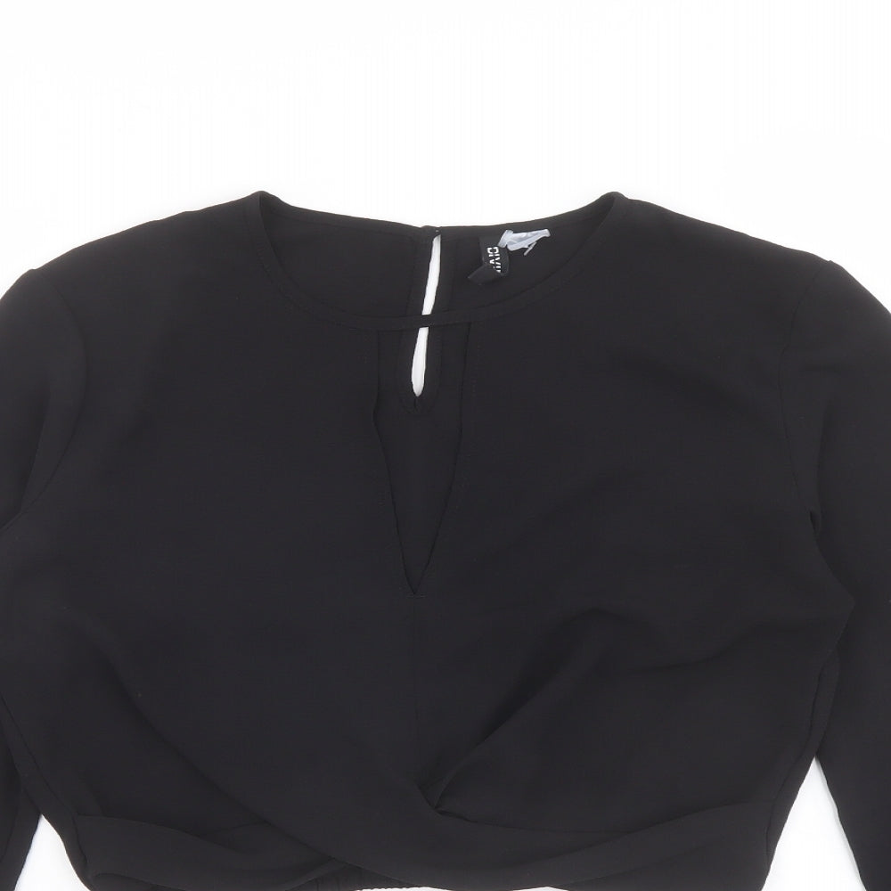 H&M Womens Black Polyester Cropped Blouse Size 10 Round Neck - Twist Front Detail