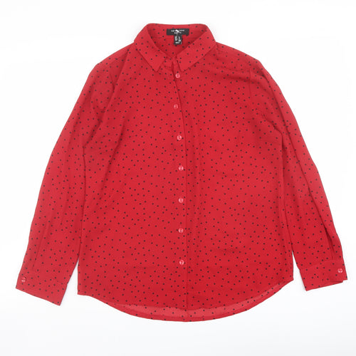 New Look Womens Red Polka Dot Polyester Basic Button-Up Size 8 Collared