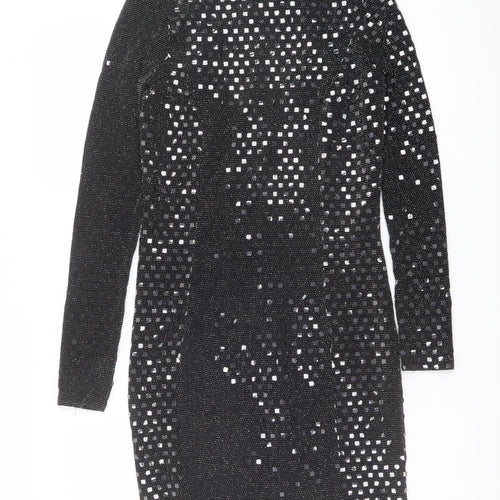 River Island Womens Black Geometric Nylon Shift Size 10 Mock Neck Button - Open Back