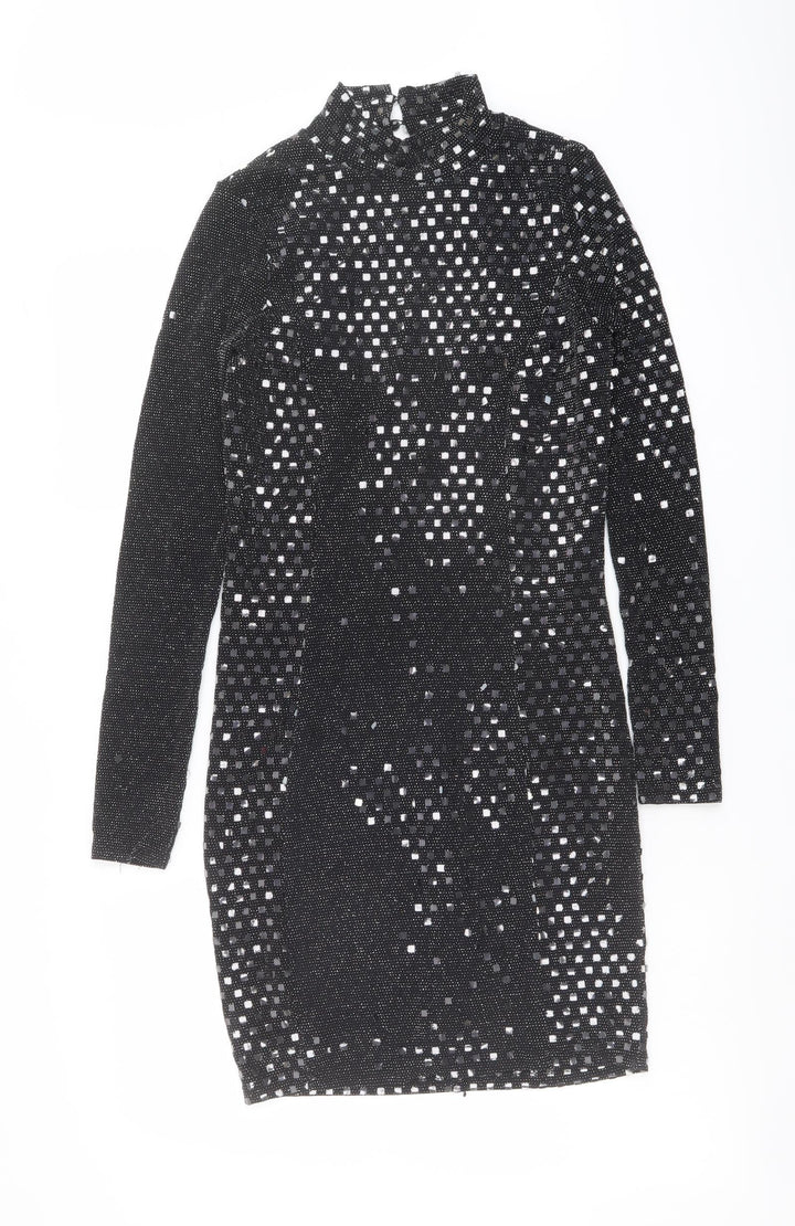 River Island Womens Black Geometric Nylon Shift Size 10 Mock Neck Button - Open Back