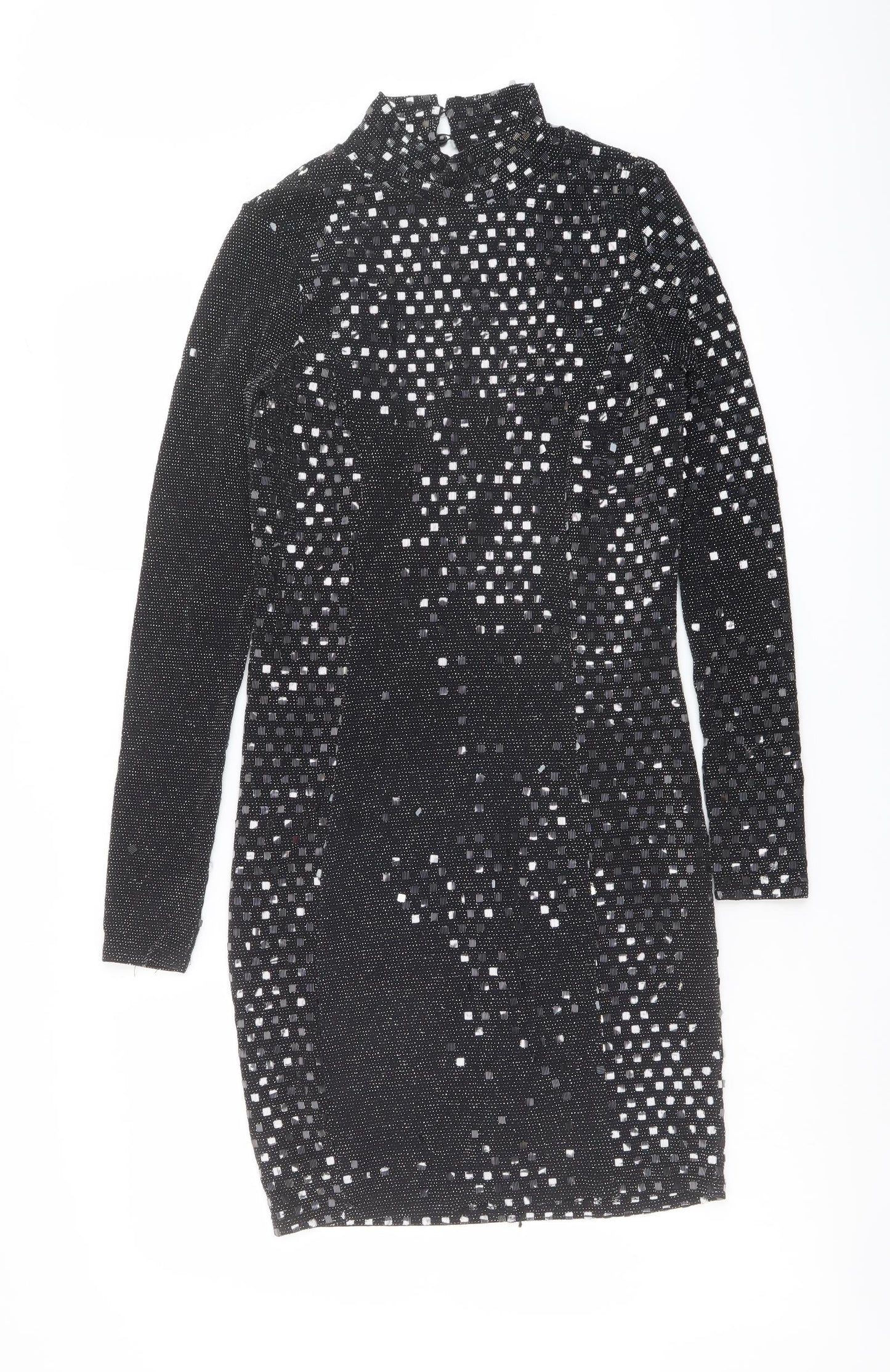 River Island Womens Black Geometric Nylon Shift Size 10 Mock Neck Button - Open Back