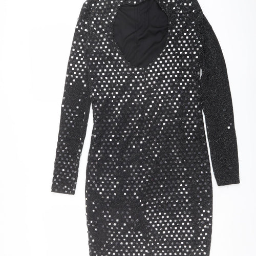 River Island Womens Black Geometric Nylon Shift Size 10 Mock Neck Button - Open Back