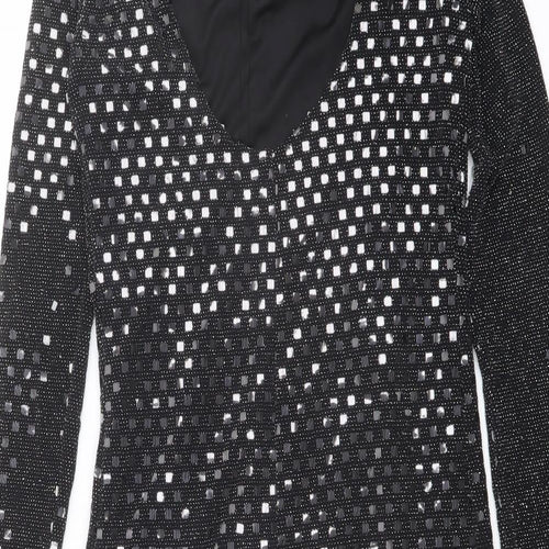 River Island Womens Black Geometric Nylon Shift Size 10 Mock Neck Button - Open Back