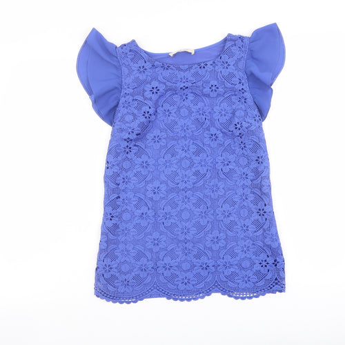 Oasis Womens Blue Polyester Basic Blouse Size XS Boat Neck - Ruffle Sleeve Lace Front