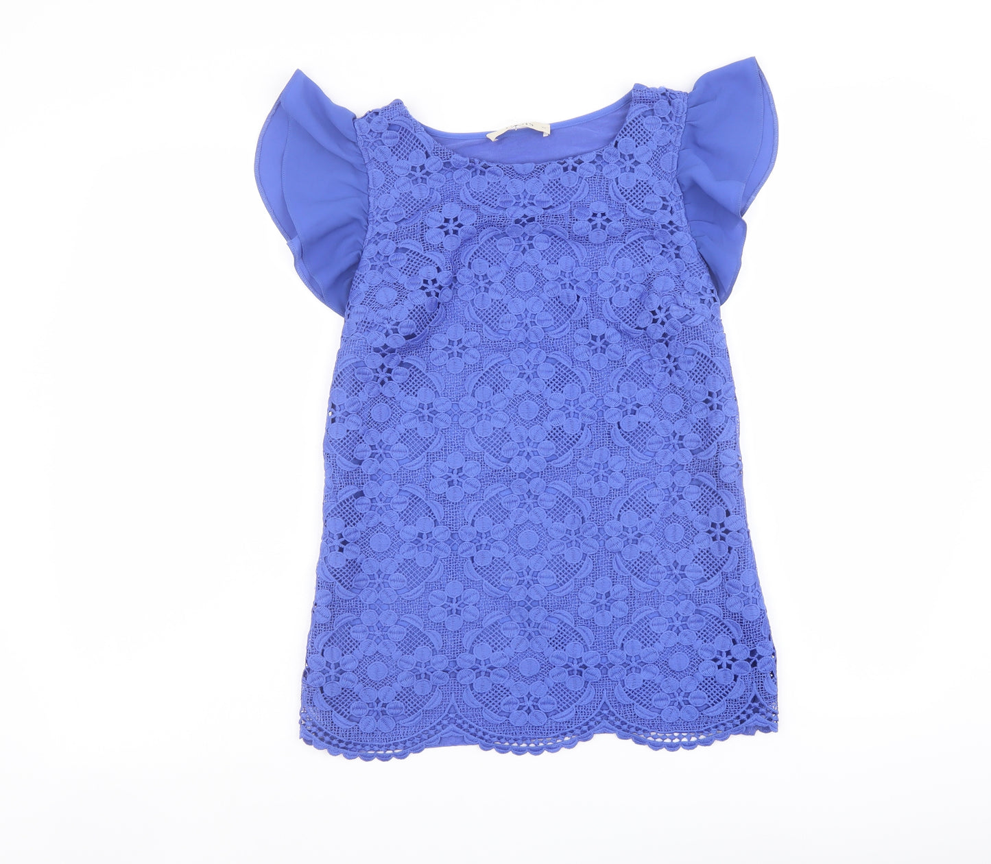 Oasis Womens Blue Polyester Basic Blouse Size XS Boat Neck - Ruffle Sleeve Lace Front