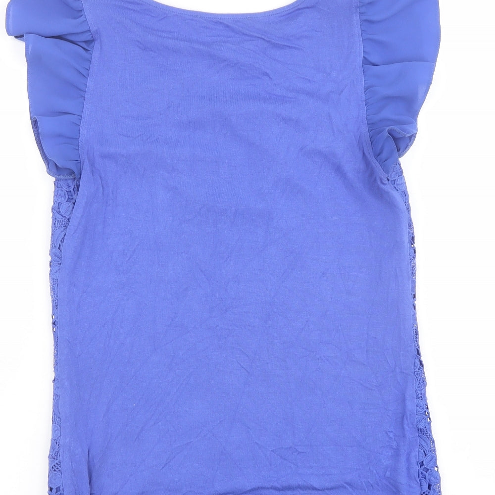 Oasis Womens Blue Polyester Basic Blouse Size XS Boat Neck - Ruffle Sleeve Lace Front