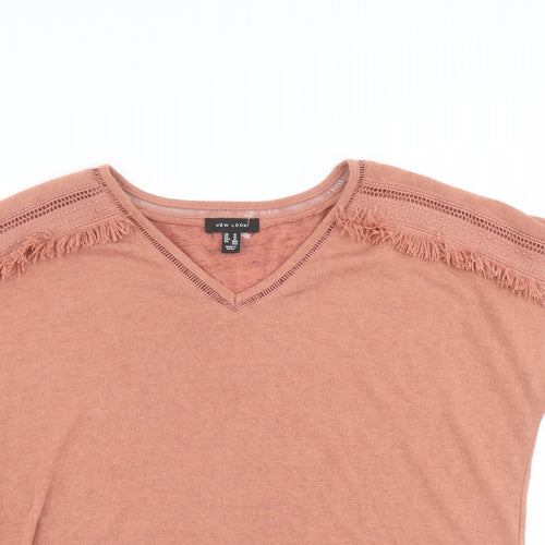 New Look Womens Orange Polyester Basic T-Shirt Size M V-Neck