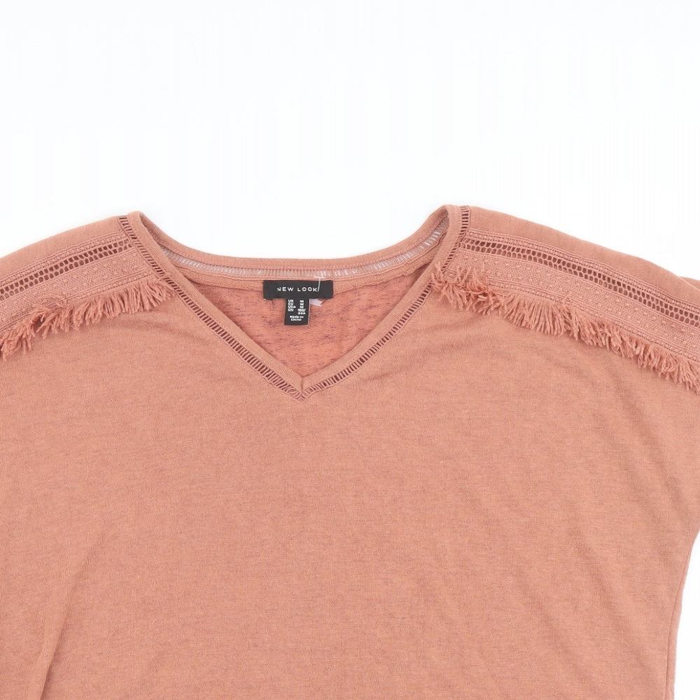 New Look Womens Orange Polyester Basic T-Shirt Size M V-Neck
