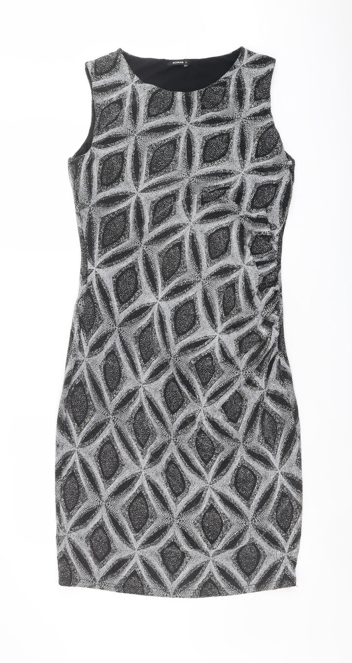 Roman Womens Black Geometric Nylon Shift Size 14 Boat Neck Pullover