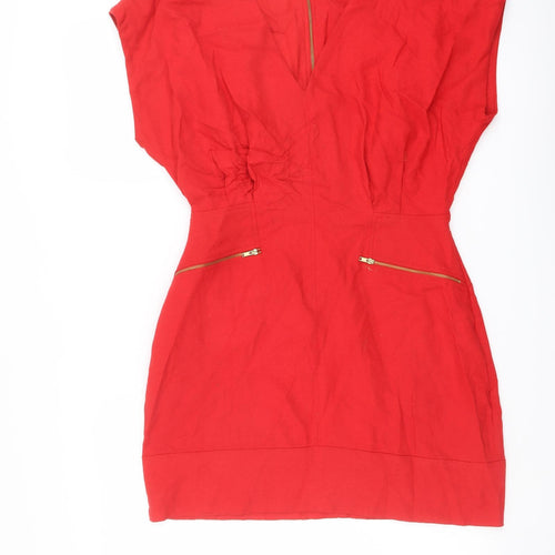 French Connection Womens Red Polyester Mini Size 10 V-Neck Zip