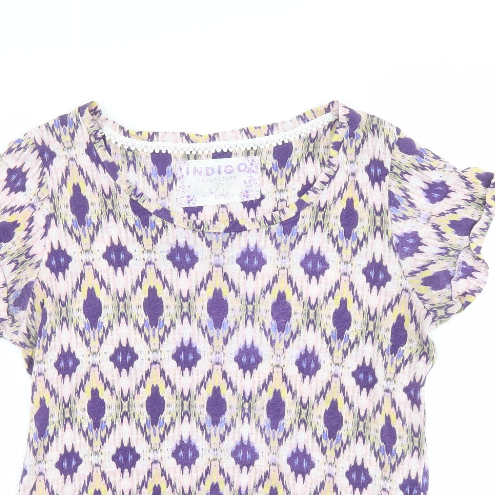 Indigo Womens Purple Geometric Modal Basic T-Shirt Size 12 Boat Neck - Mosaic Print