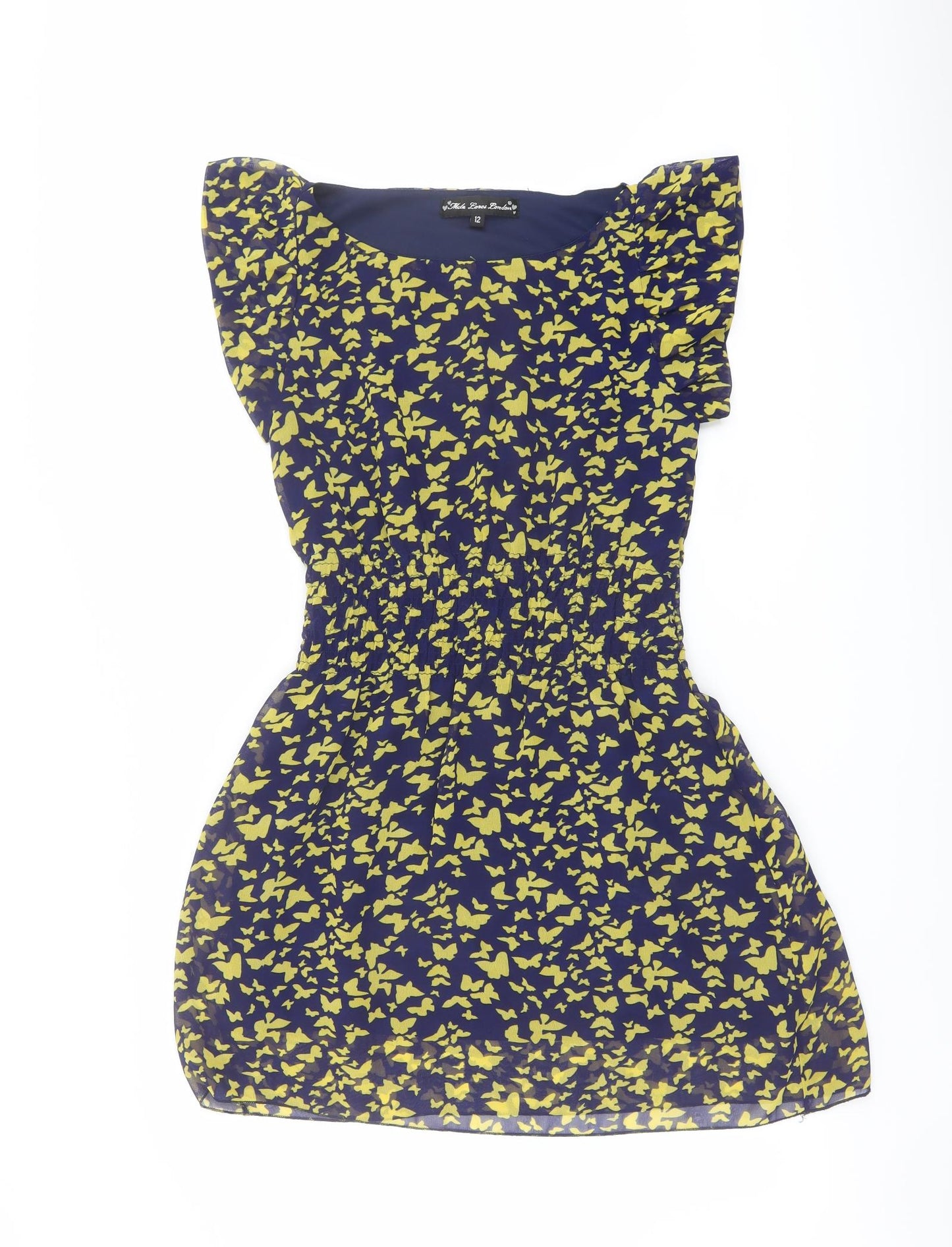 Mela London Womens Blue Geometric Polyester Mini Size 12 Boat Neck Pullover - Butterfly Print