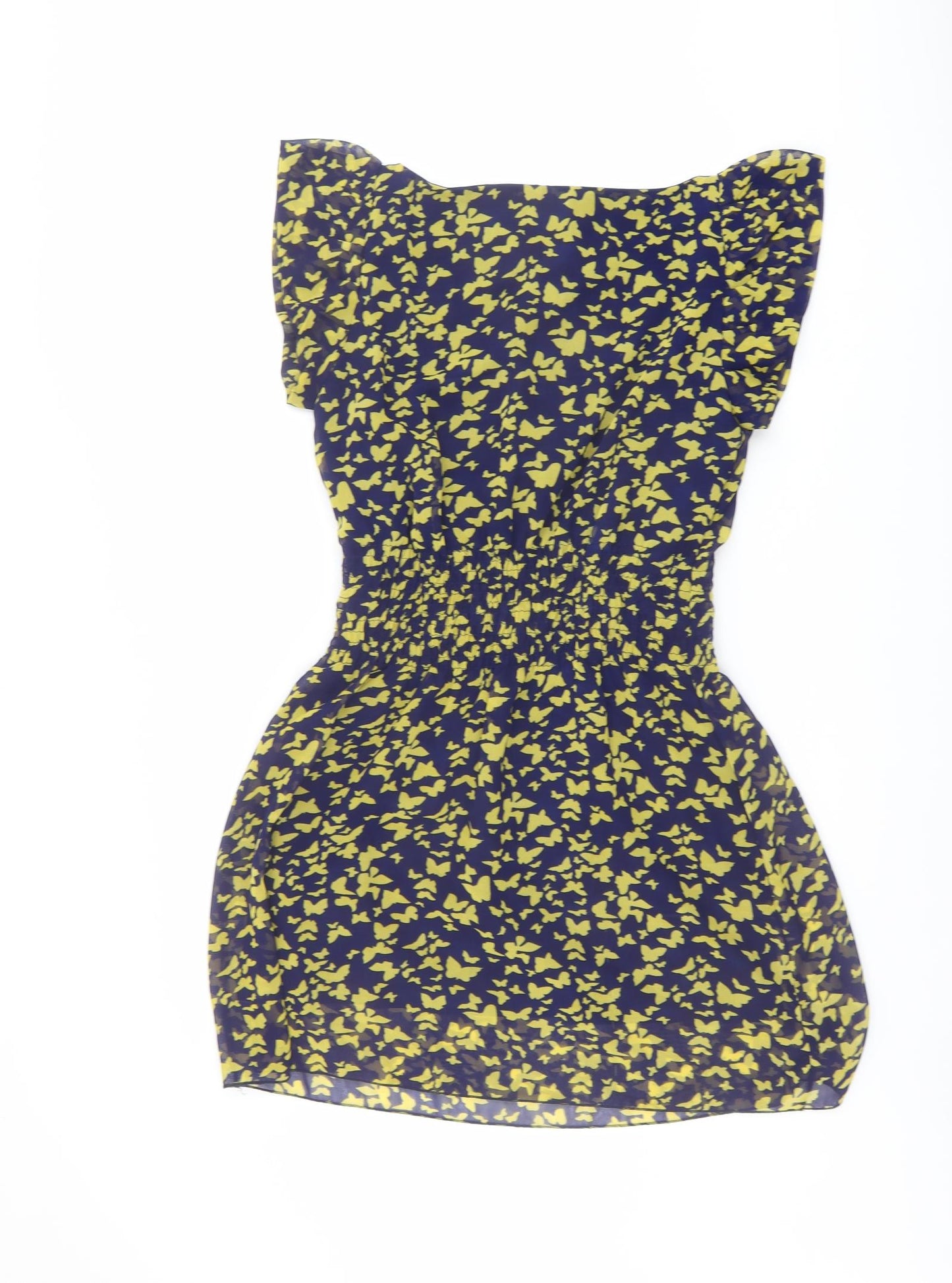 Mela London Womens Blue Geometric Polyester Mini Size 12 Boat Neck Pullover - Butterfly Print