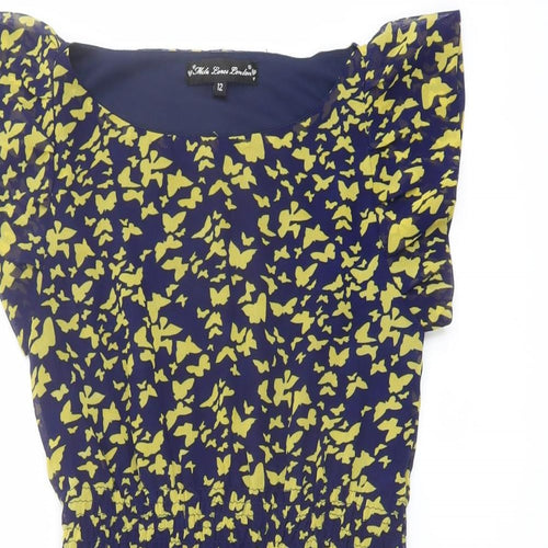 Mela London Womens Blue Geometric Polyester Mini Size 12 Boat Neck Pullover - Butterfly Print