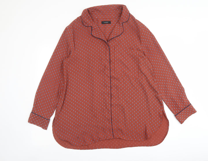Marks and Spencer Womens Brown Geometric Polyester Basic Button-Up Size 14 Collared