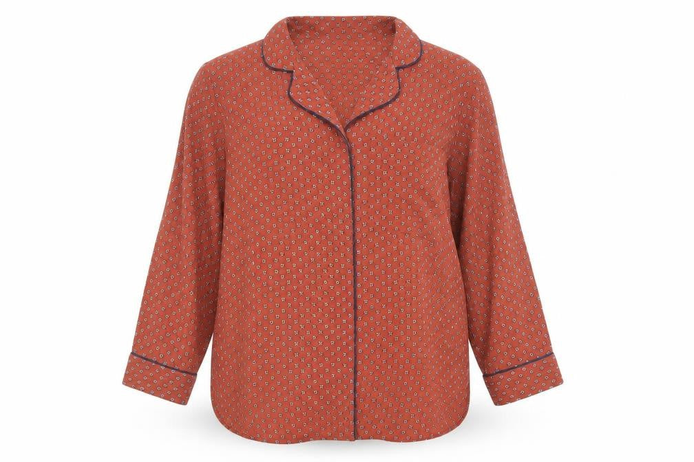 Front view of Marks & Spencer women’s brown geometric polyester basic button-up, size UK 14, collared